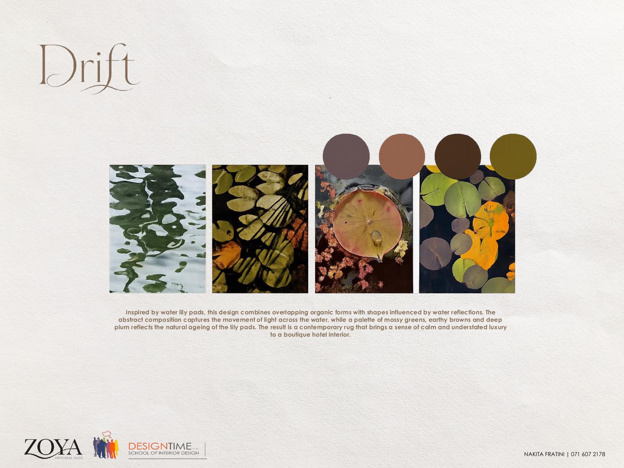Drift rug design by Nakita Fratini, overlapping lily pad forms in mossy green and plum