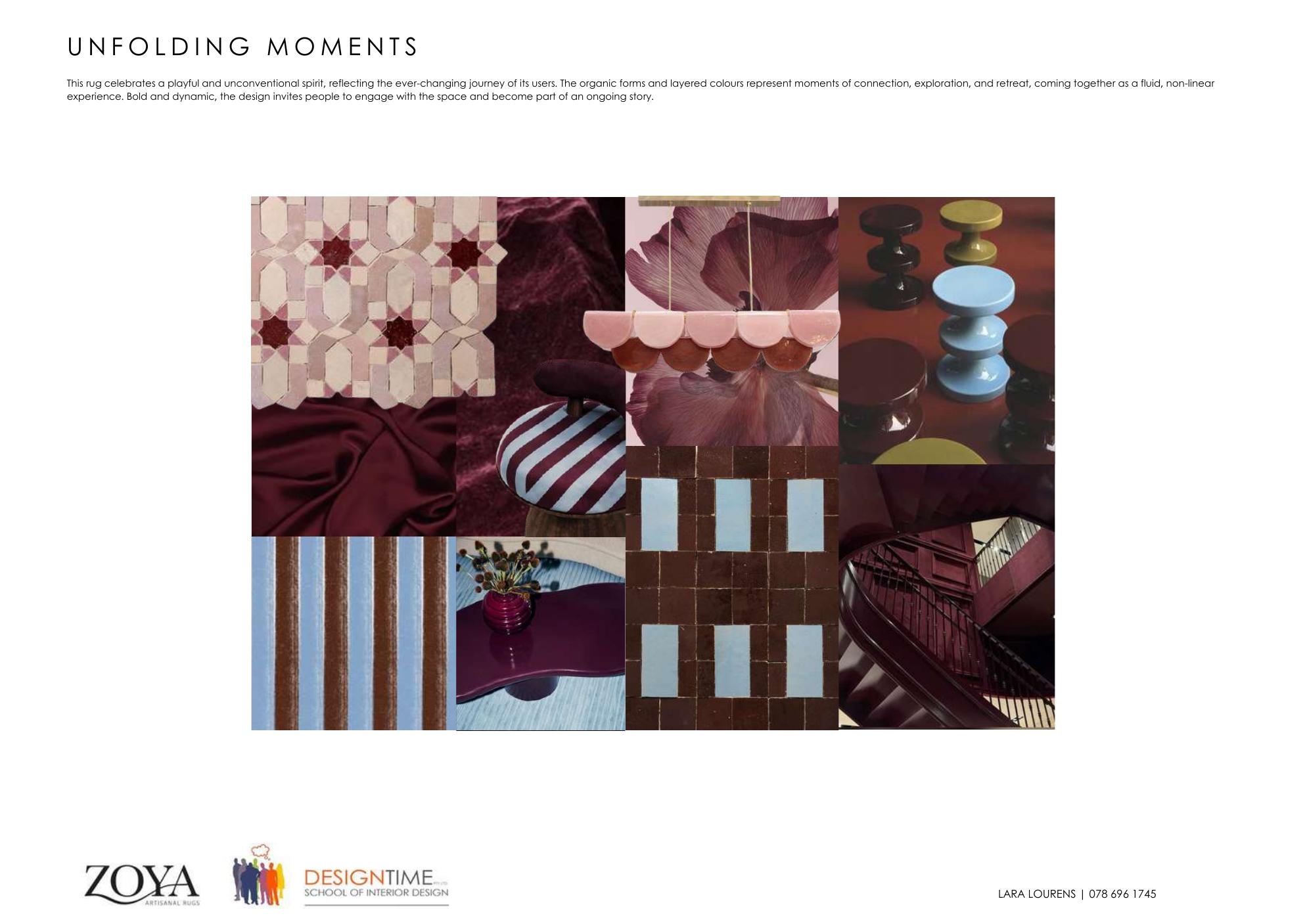 Unfolding Moments rug design by Lara Lourens, bold organic forms in layered colour