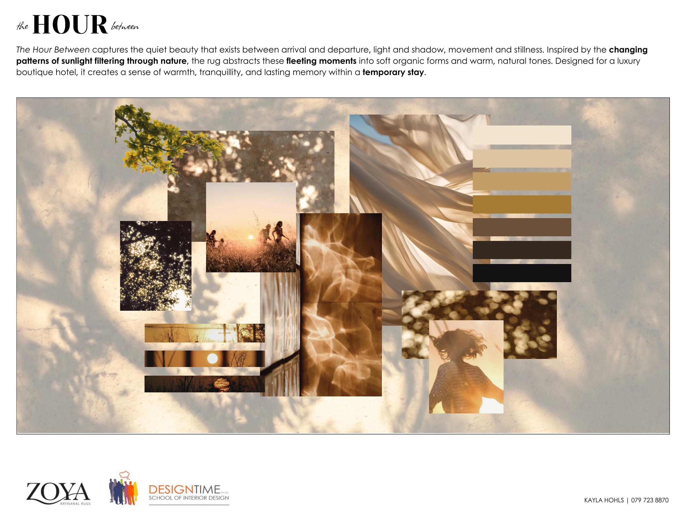 The Hour Between rug design by Kayla Hohls, dappled sunlight forms in warm natural tones