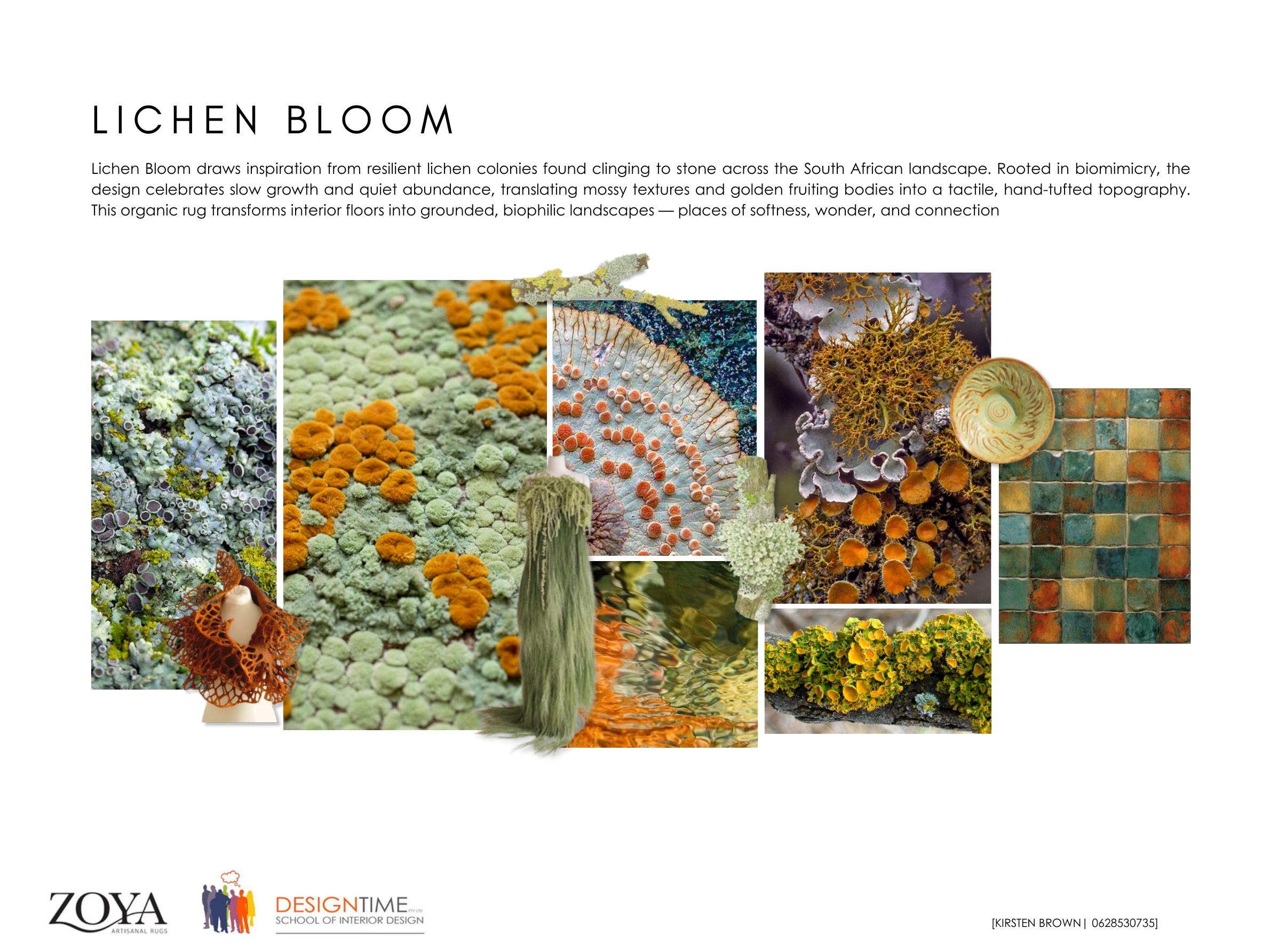 Lichen Bloom rug design by Kirsten Brown, mossy textures and golden fruiting bodies