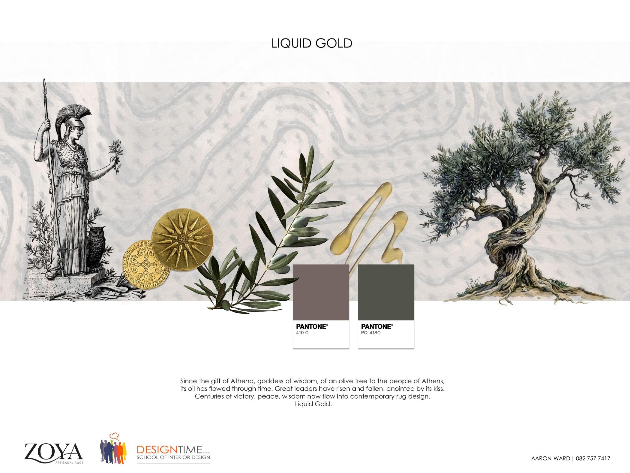 Liquid Gold rug design by Aaron Ward, inspired by ancient olive trees and olive oil