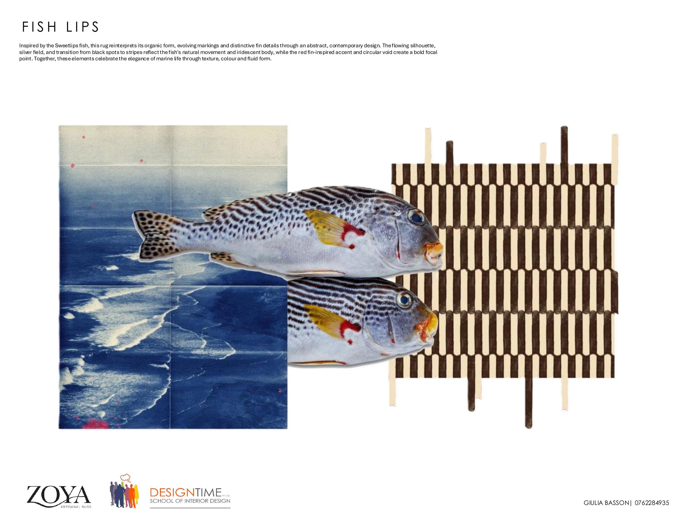 Fish Lips rug design by Giulia Basson, an abstract silver form with black spots and a red fin accent