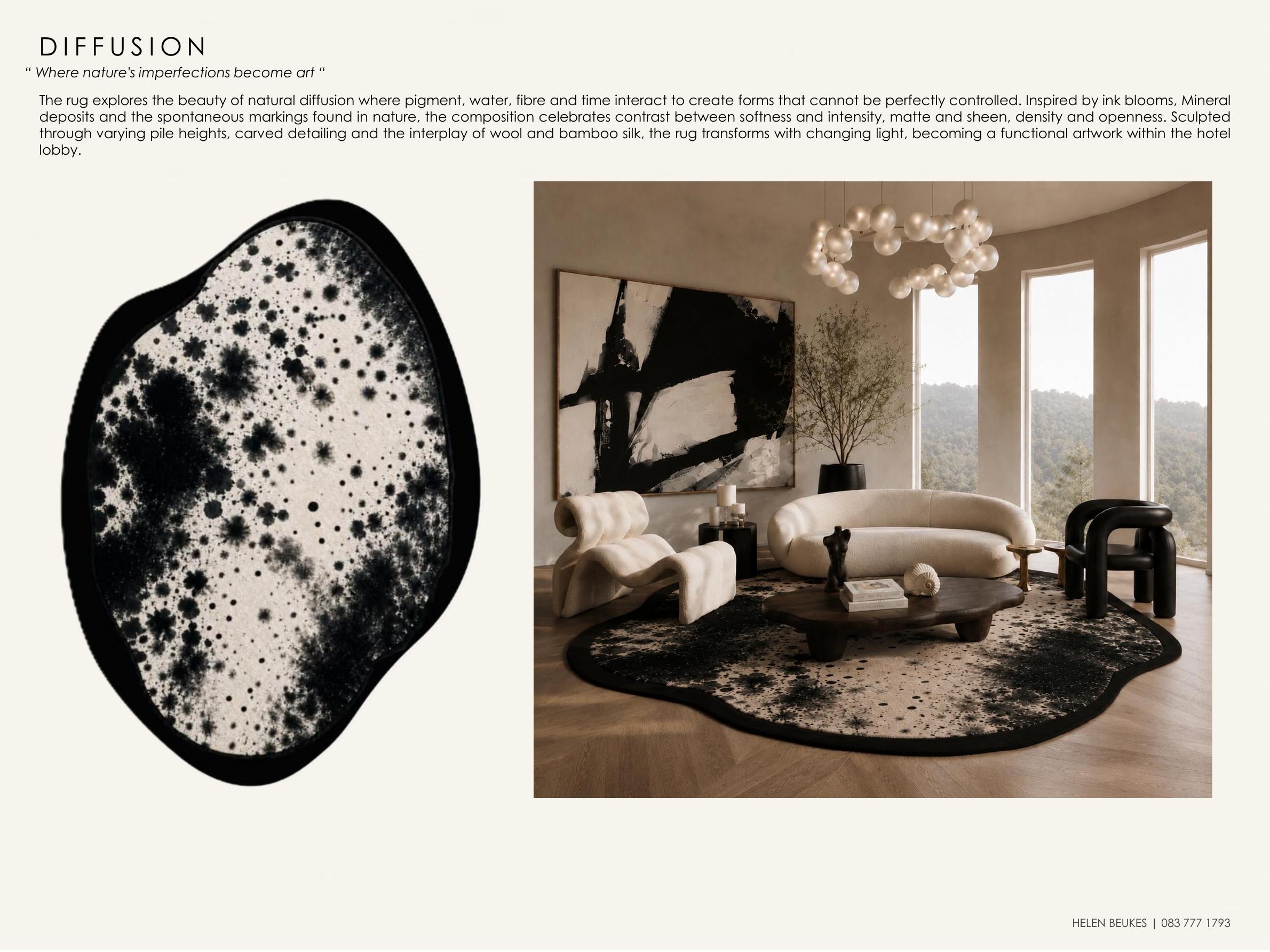 Diffusion rug design by Helen Beukes, ink bloom forms in black, grey and white