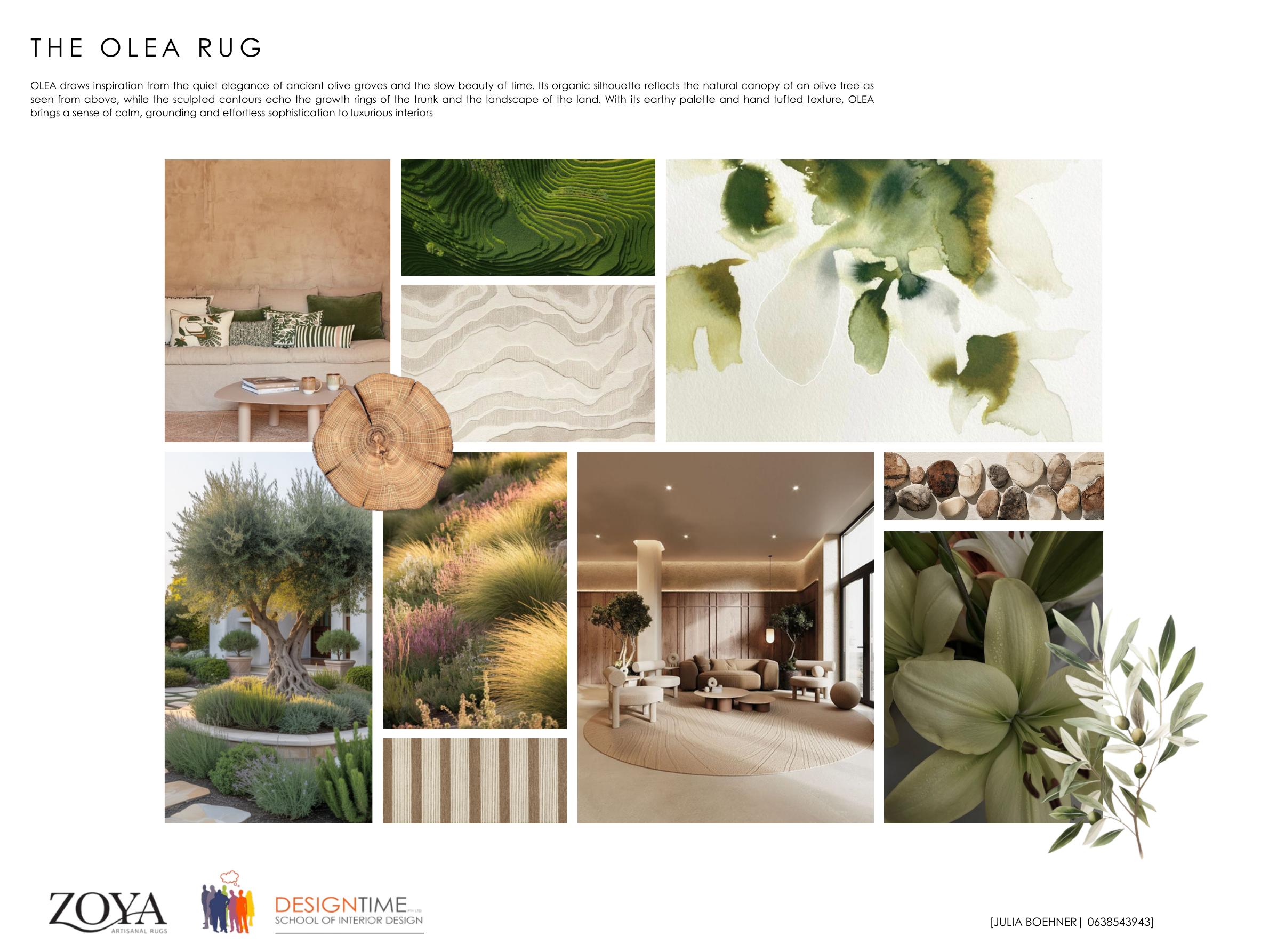 The Olea rug design by Julia Boehner, an organic canopy silhouette in earthy tones