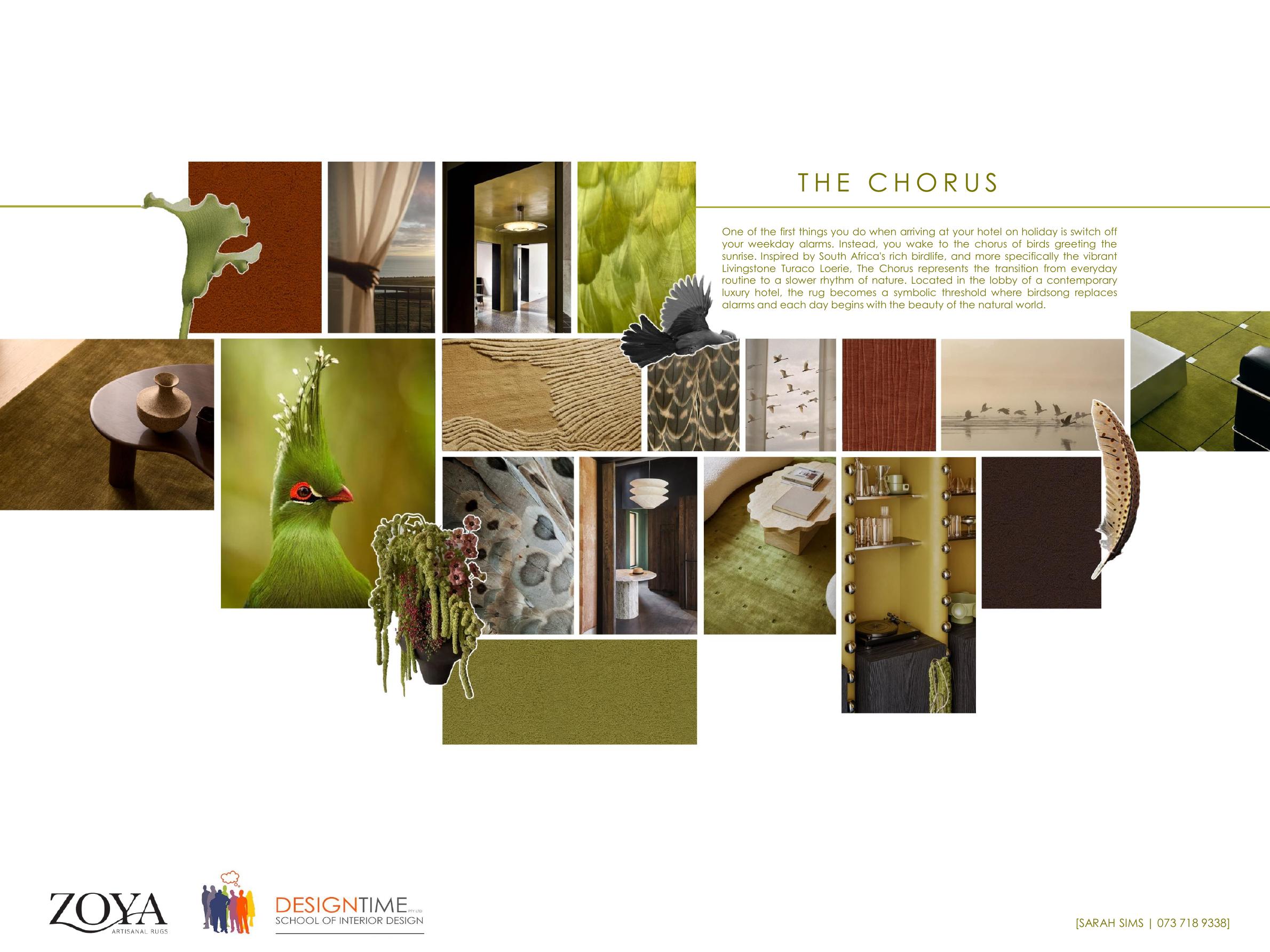 The Chorus rug design by Sarah Sims, inspired by the Livingstone Turaco and South African birdlife