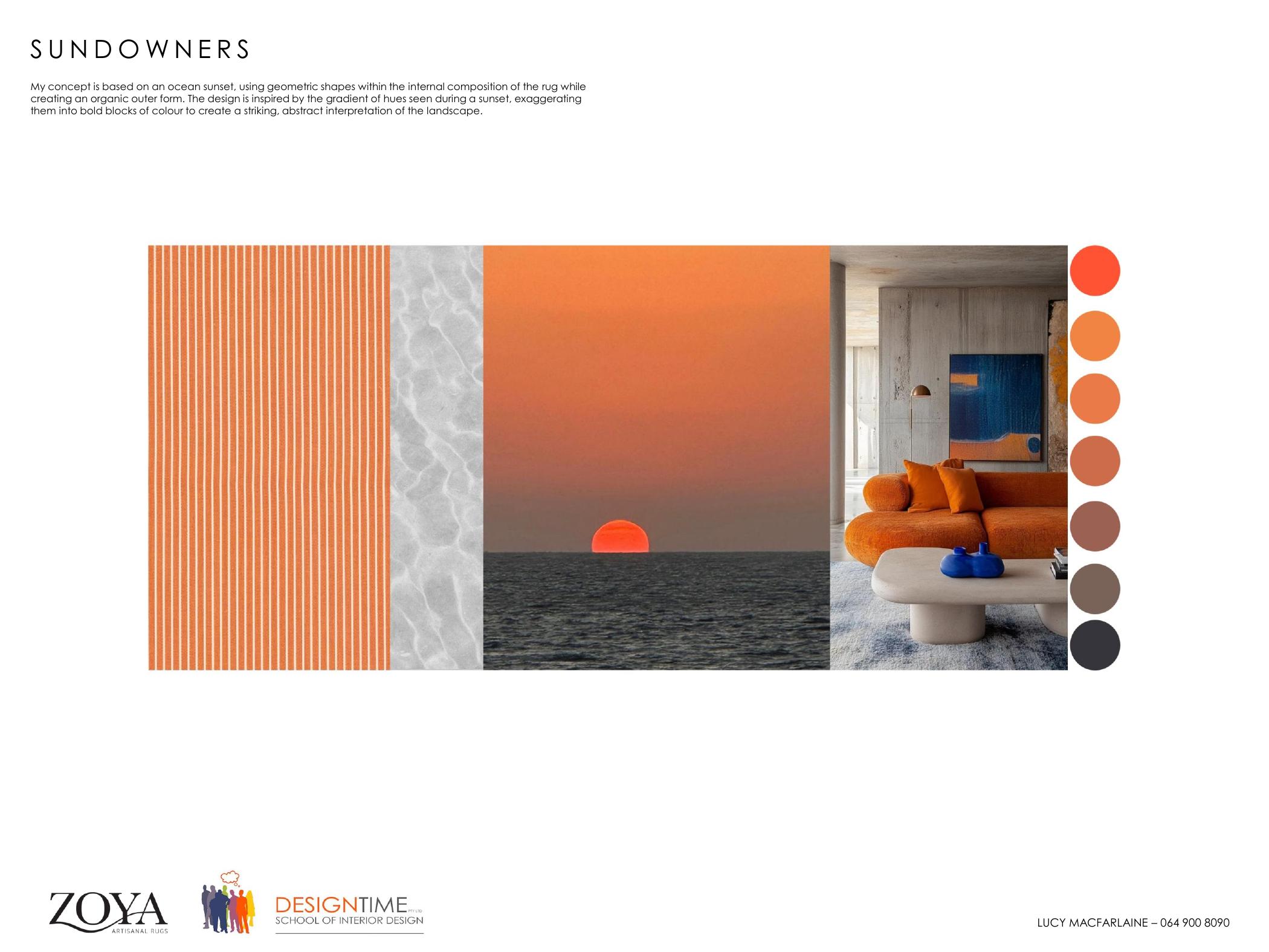 Sundowners rug design by Lucy Macfarlaine, geometric blocks of sunset colour within an organic outline