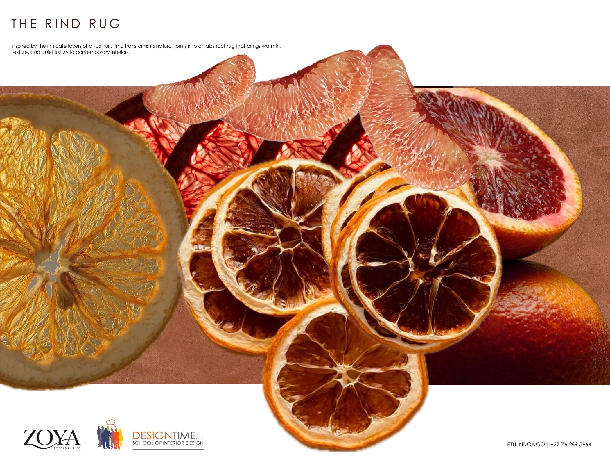 The Rind rug design by Etu Indongo, abstract citrus peel layers in warm tones