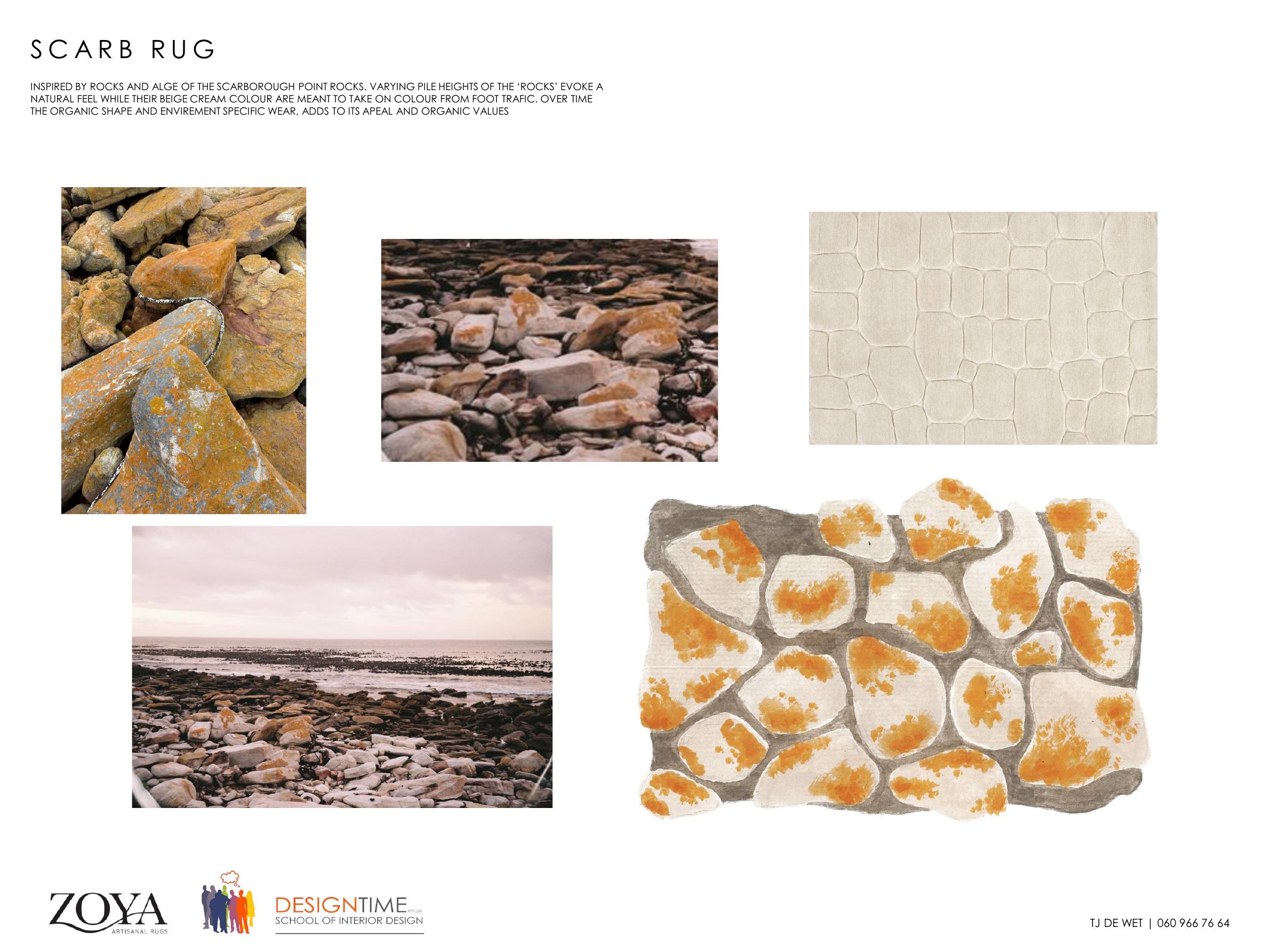 Scarb rug design by TJ de Wet, rock and algae forms in beige and cream with varied pile heights