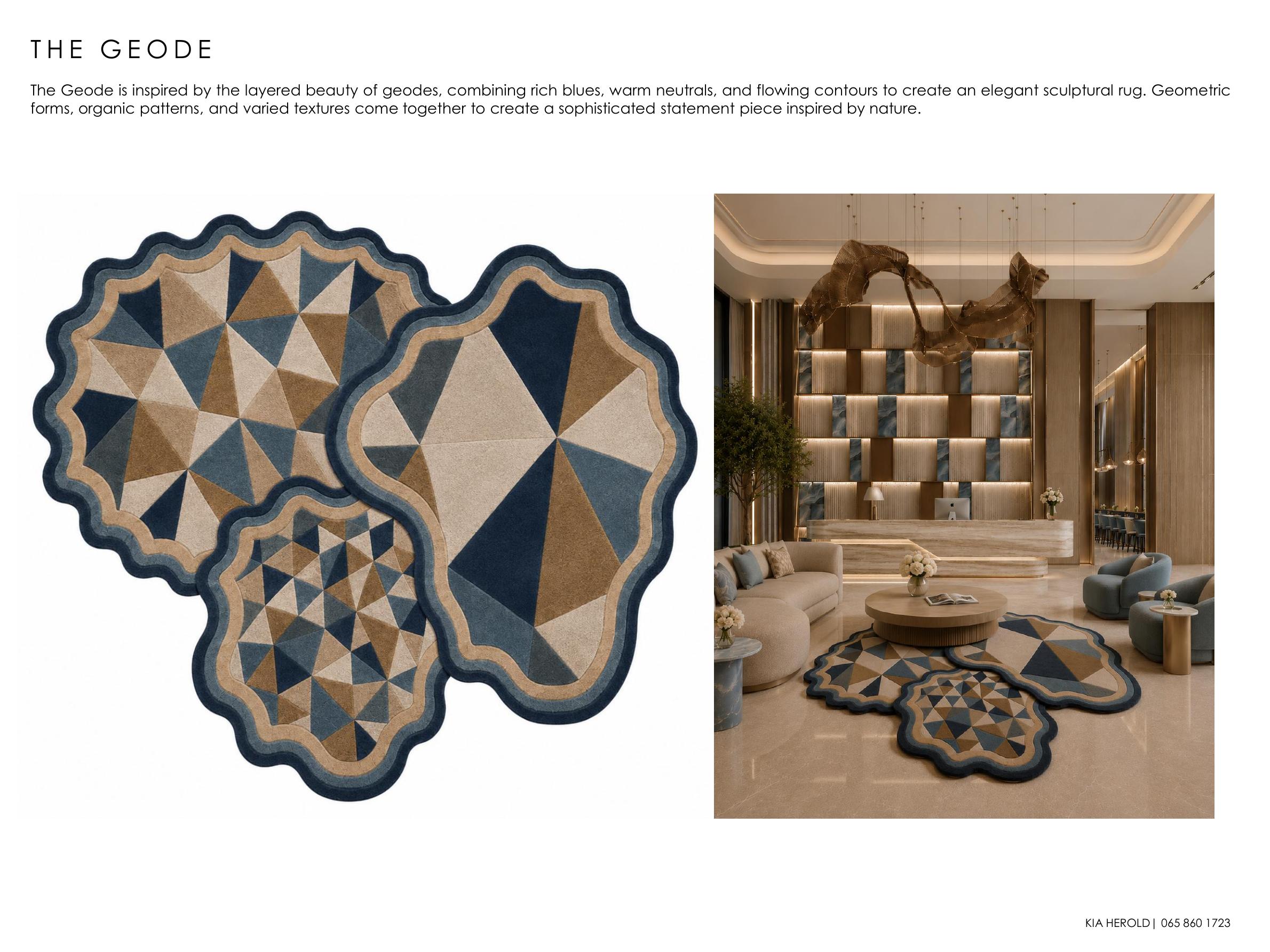 The Geode rug design by Kia Herold, layered blues and warm neutrals in flowing contours