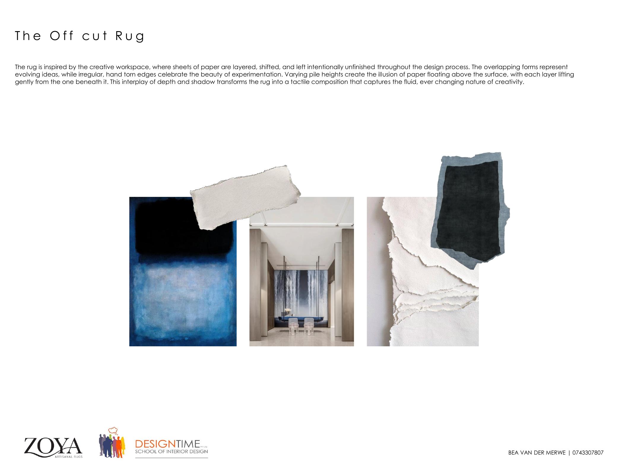 The Off Cut rug design by Bea van der Merwe, layered torn paper forms with varying pile heights