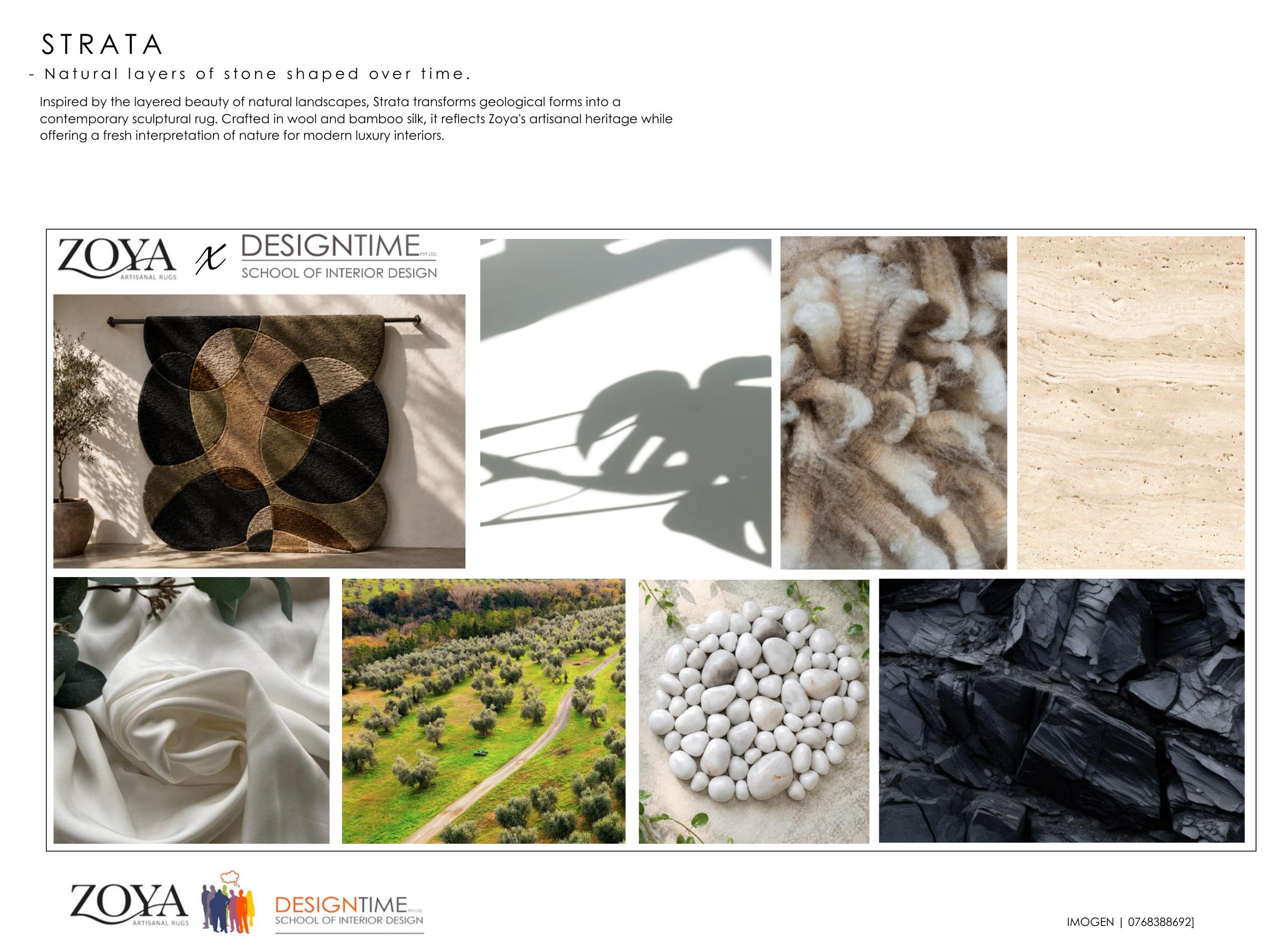 Strata rug design by Imogen Morrisby, layered geological stone forms in wool and bamboo silk