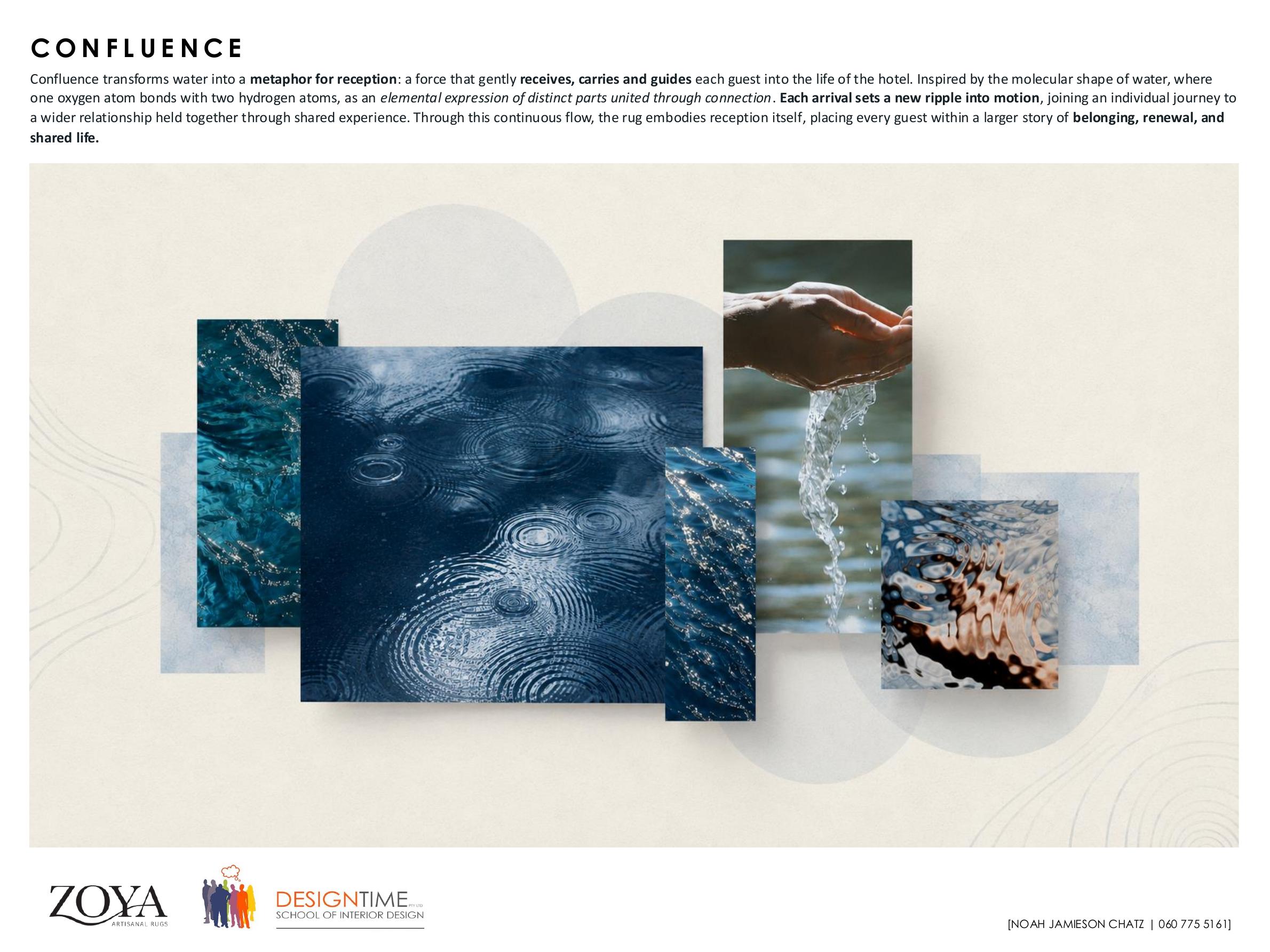 Confluence rug design by Noah Jamieson Chatz, rippling water forms for a hotel lobby