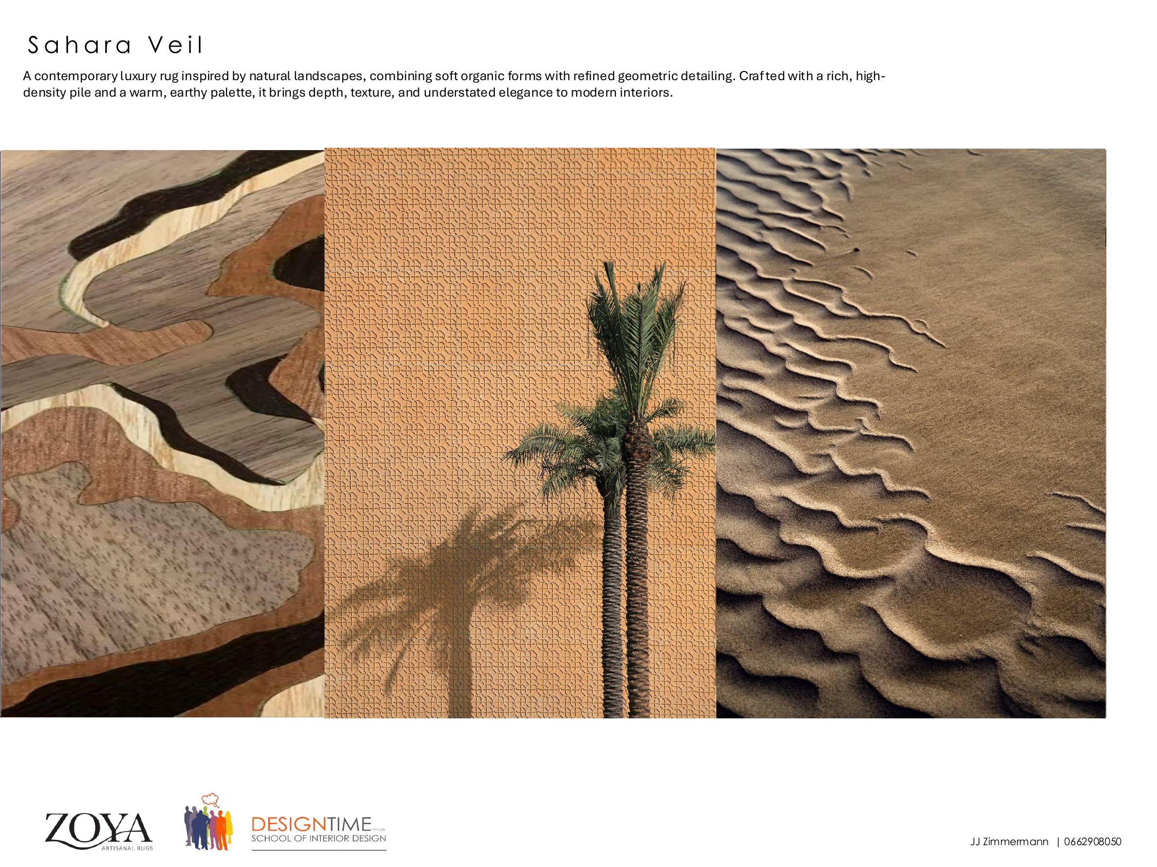 Sahara Veil rug design by JJ Zimmermann, soft organic forms with geometric detailing in earthy tones