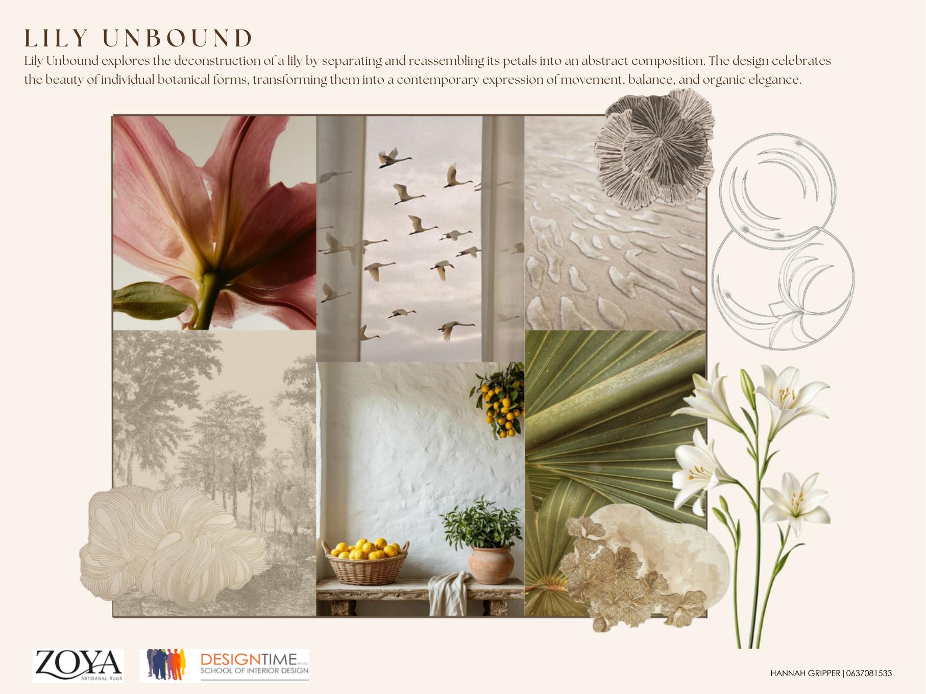 Lily Unbound rug design by Hannah Gripper, deconstructed lily petals in an abstract composition